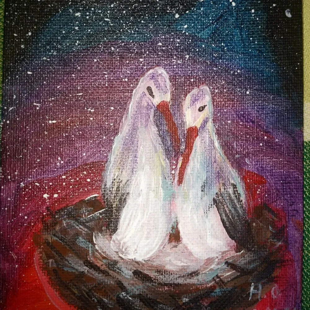 Original Birds Family Love Small Canvas Acrylic Painting 4